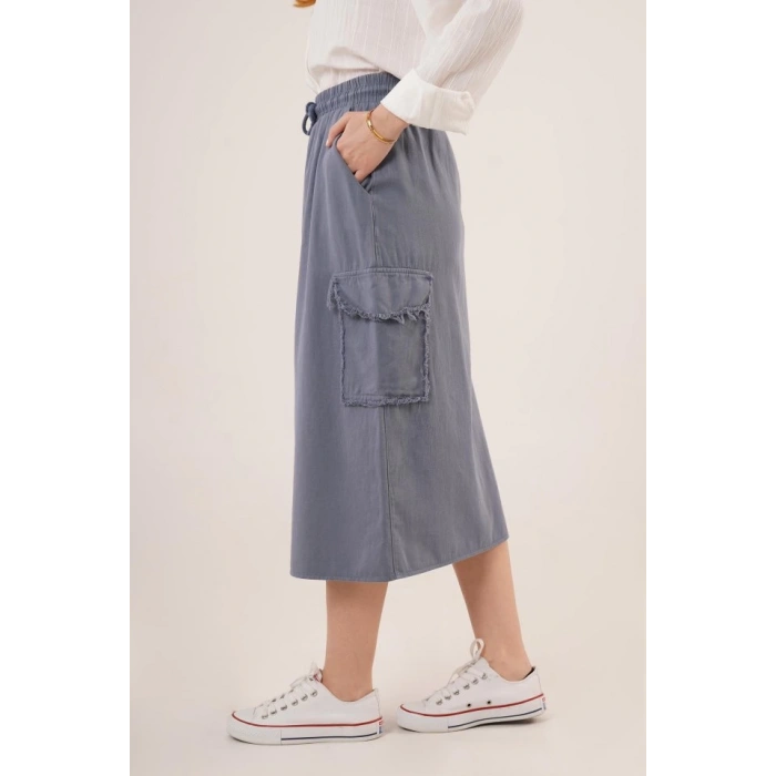 Ön Yırtmaçlı Cep Detaylı İndigo Etek