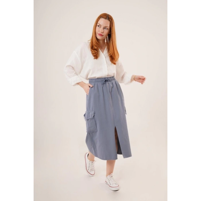 Ön Yırtmaçlı Cep Detaylı İndigo Etek