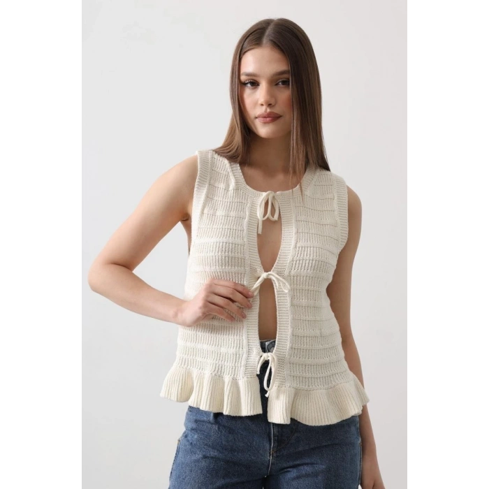 Önü Bağlamalı Yelek - Ekru