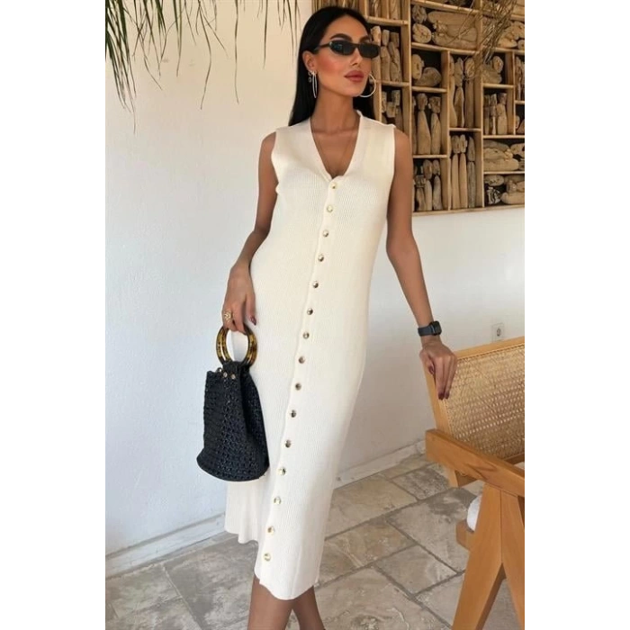 Önü Düğmeli Fitilli Kolsuz Elbise 2832