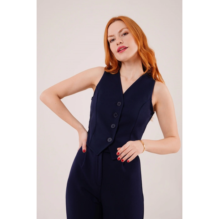 Önü Düğmeli Lacivert Yelek