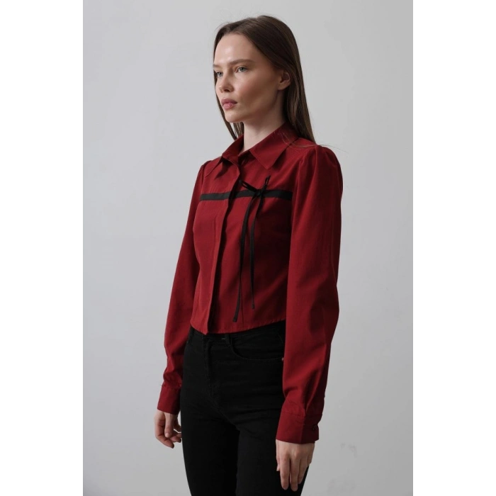 Önü Kontrast Fiyonklu Gömlek - Bordo