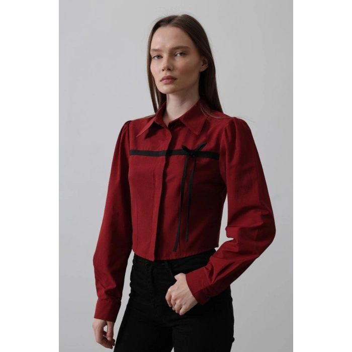 Önü Kontrast Fiyonklu Gömlek - Bordo