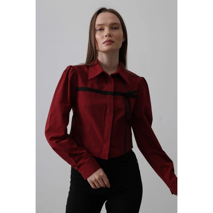 Önü Kontrast Fiyonklu Gömlek - Bordo