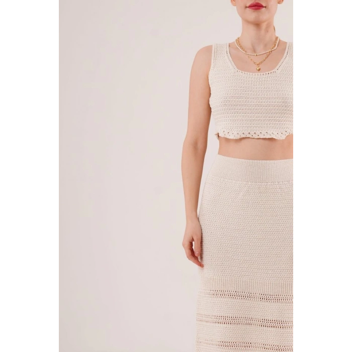 Örme Detaylı Etek Ve Bluz Krem Takım