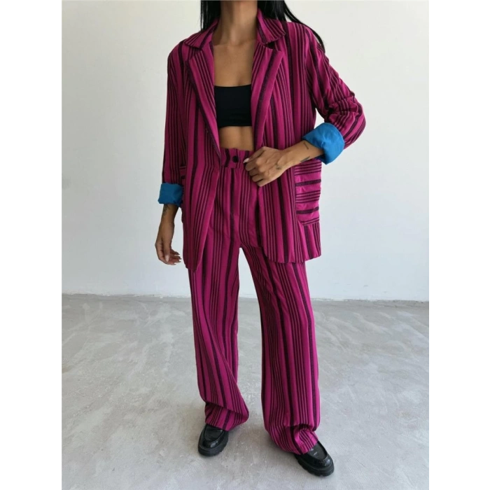 OTTOMAN ÇİZGİLİ CEKET-PANTOLON TK - Fuşya