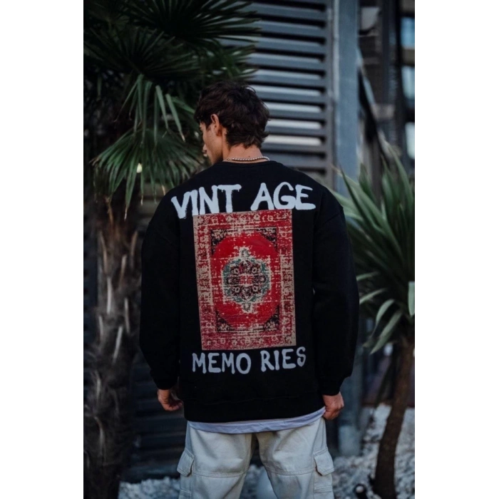 Oversize Bisiklet Yaka Üç İplik Baskılı SweatShirt - Siyah