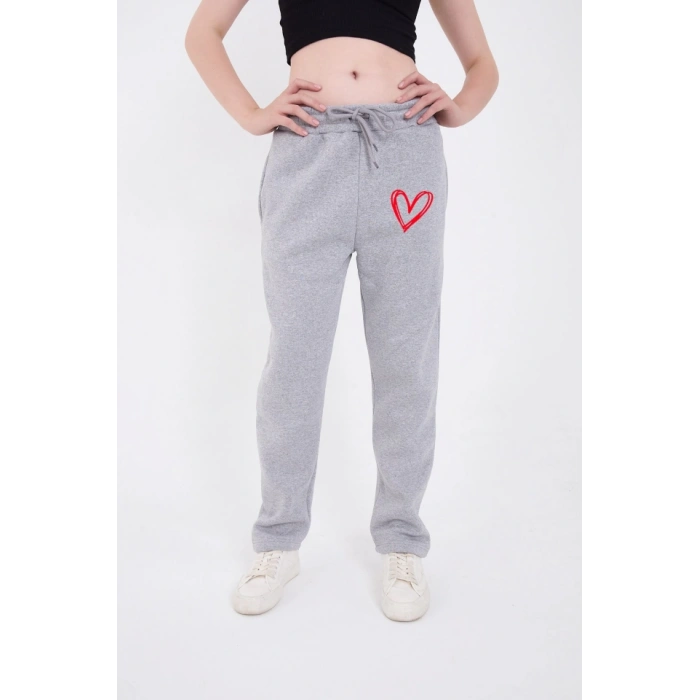 Oversize Boru Paça Baskılı Eşofman Pantolon - Gri