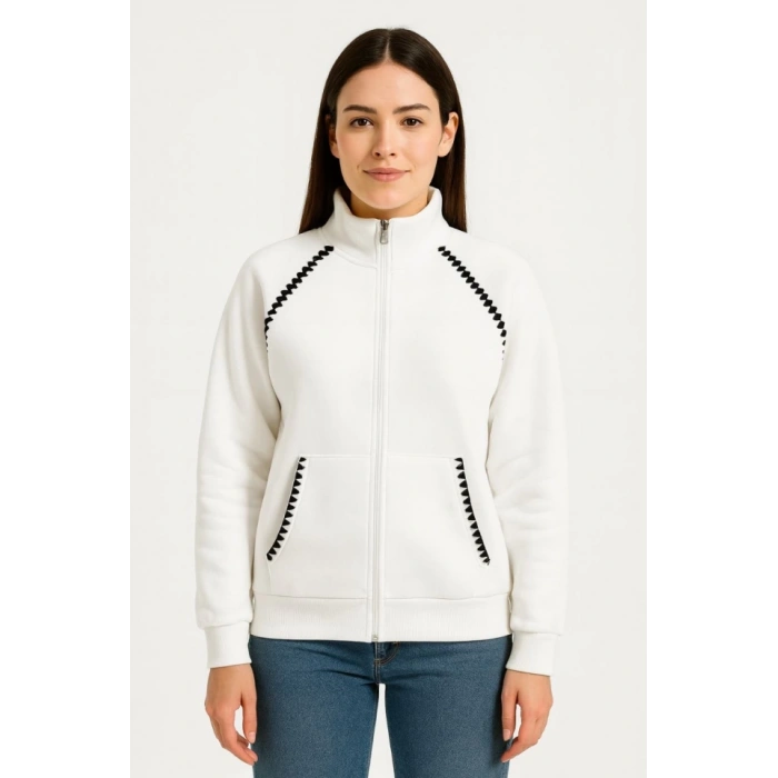 Oversize Dik Yaka Fermuarlı Sweatshirt - Zincir Nakışli Kanguru Cepli, - Beyaz