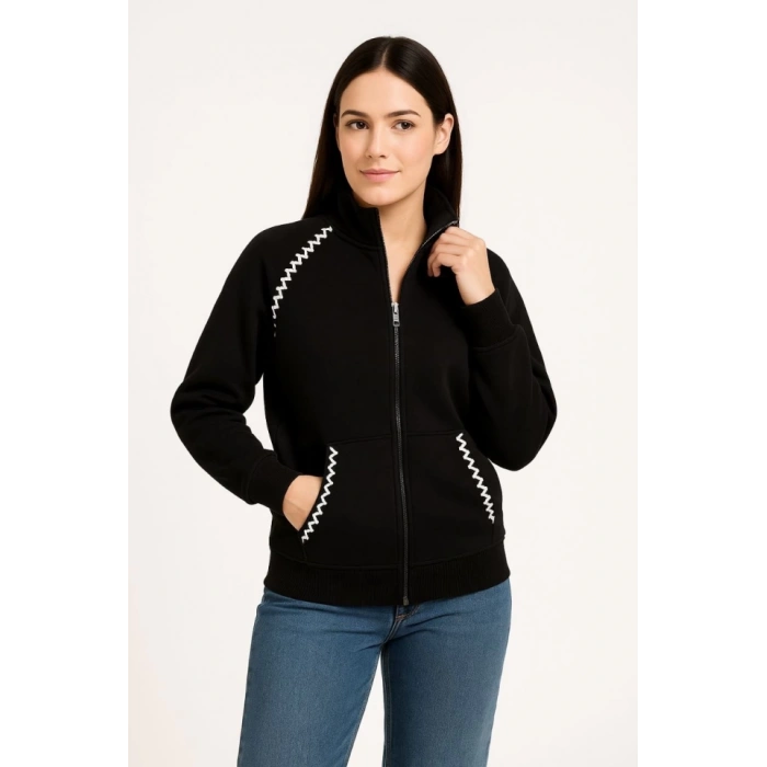 Oversize Dik Yaka Fermuarlı Sweatshirt - Zincir Nakışli Kanguru Cepli, - Siyah