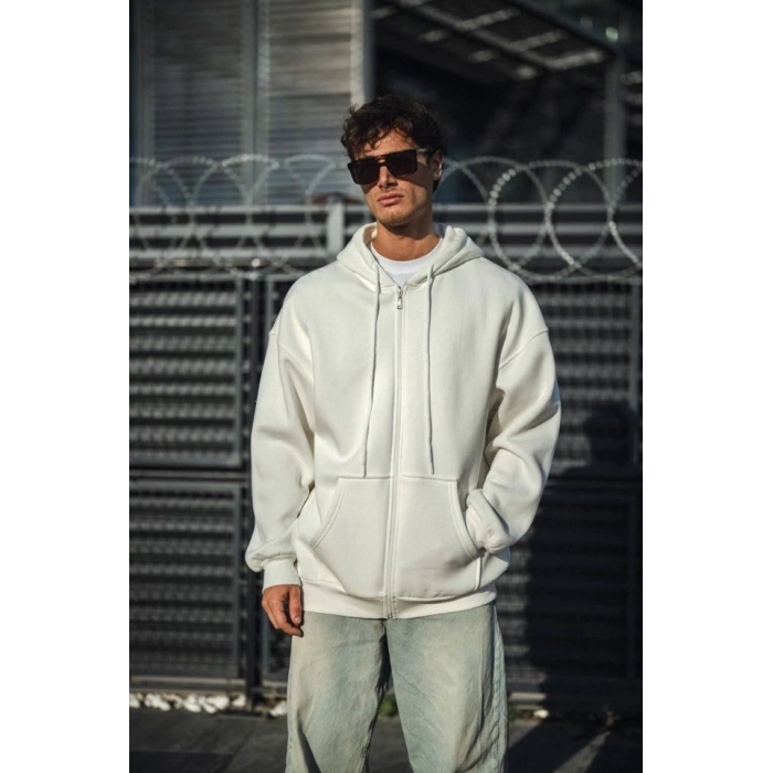 Oversize Tam Fermuarlı Uzun Kol Hırka - Beyaz