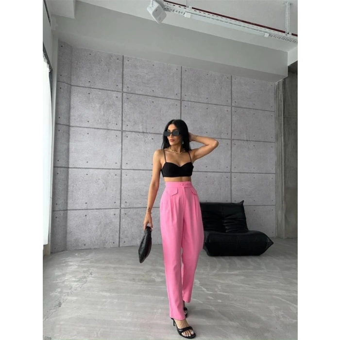 PANTOLON KAPALI CEP 3 DÜĞME DETAYLI - Pembe