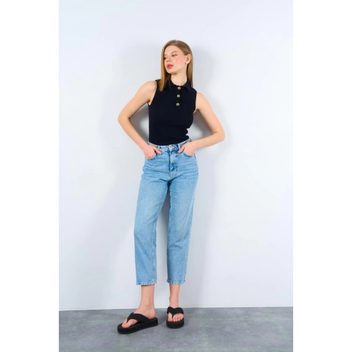 Patlı Düğmeli Triko Atlet - Siyah