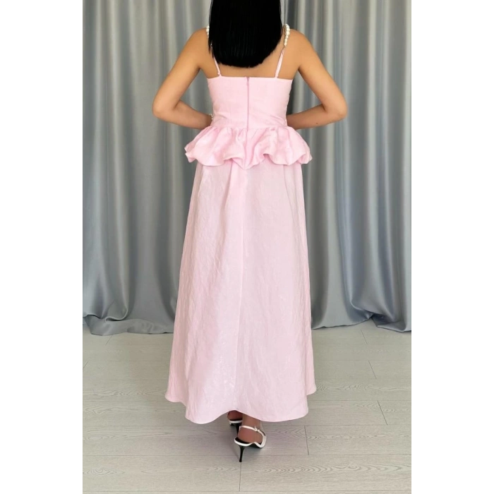 Pembe Beli Büzgülü İnci Askılı Uzun Elbise