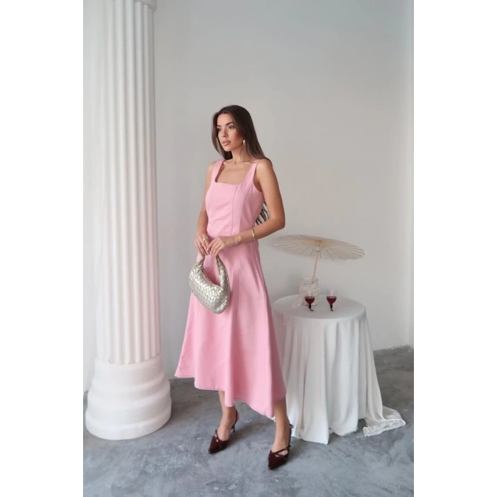 Pembe Çift Dikişli Gabardin Elbise