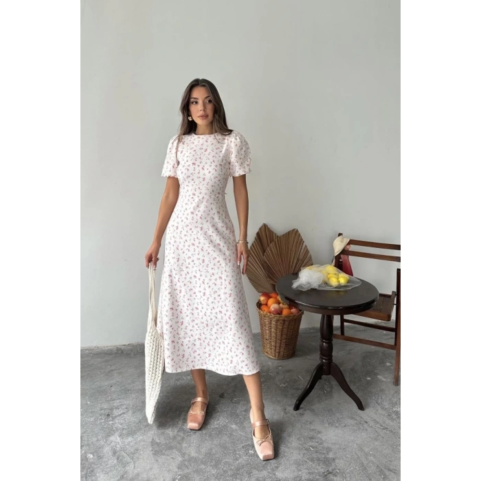 Pembe Dijital Baskılı Atlas Elbise