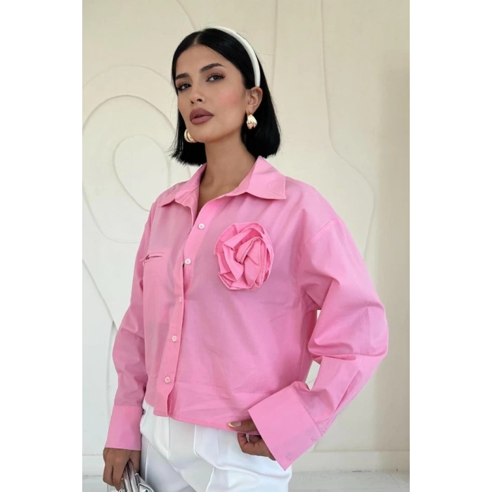 Pembe Fleto Cepli Poplin Gömlek