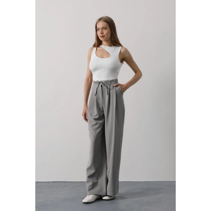 Pileli Bağcıklı Oversize Pantolon - Gri