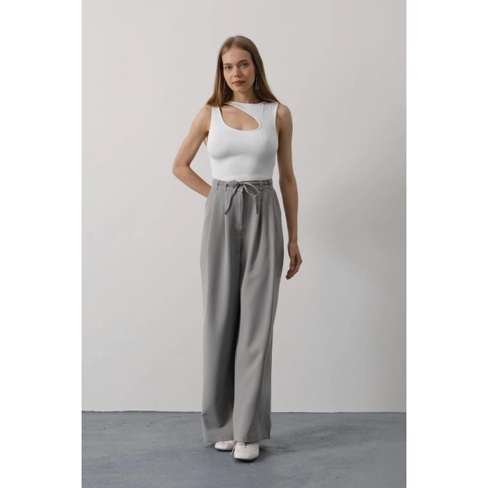Pileli Bağcıklı Oversize Pantolon - Gri