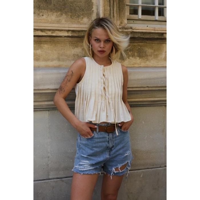 Pileli Bağlamlı Bluz - Natür