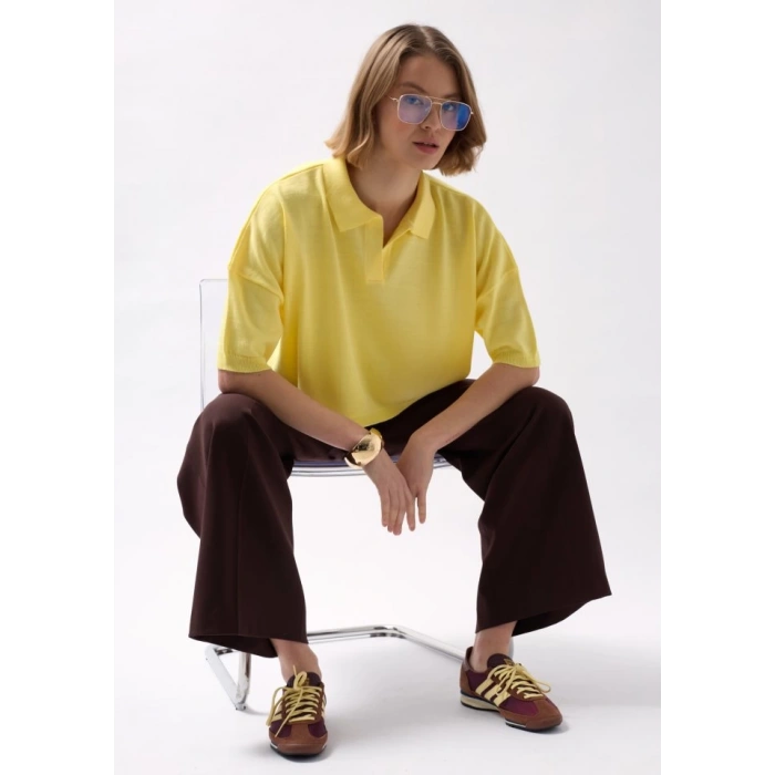 Polo Yaka Crop Dokulu Bluz