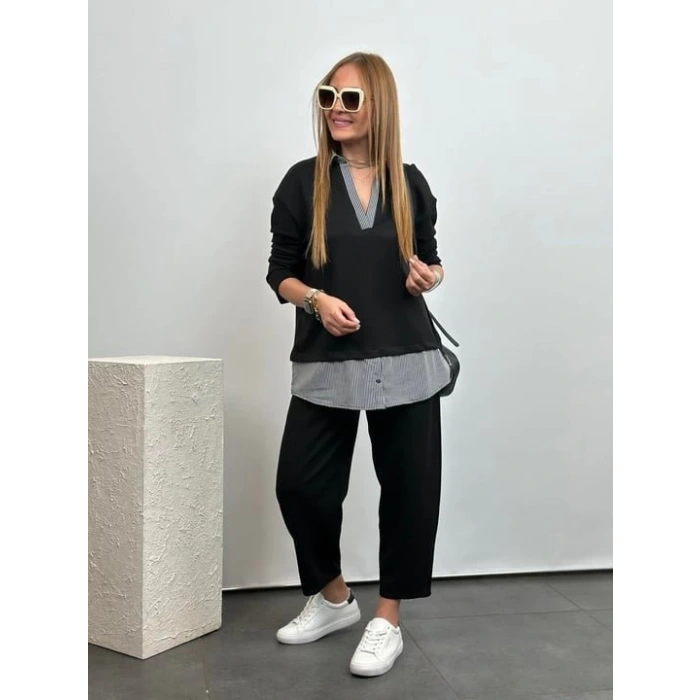 Polo Yaka Gömlek Detay Salaş Balon Pantolunlu ıkılı Takım