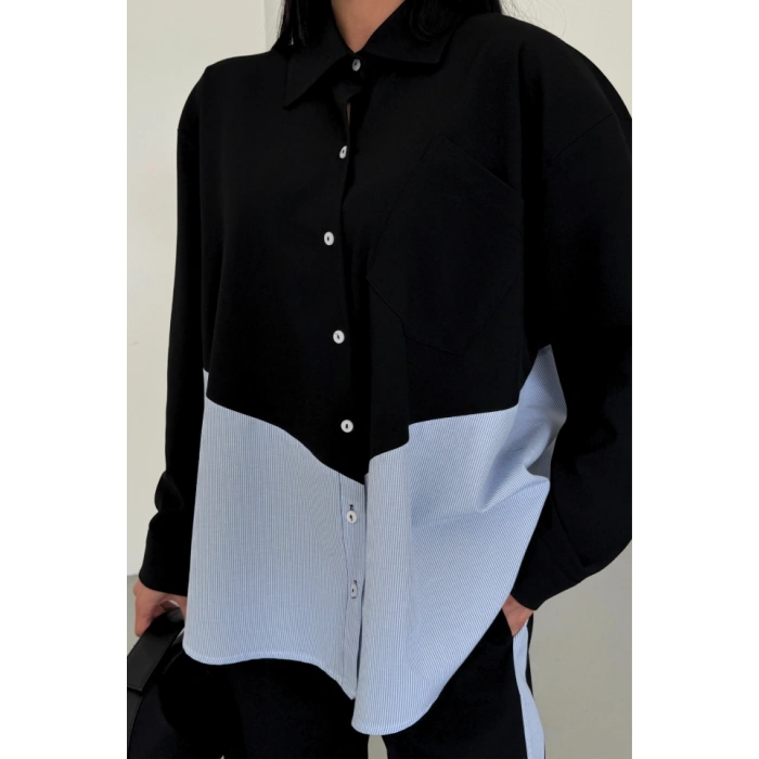 POLYVİSKON - POPLİN PARÇALI GÖMLEK PANTOLON TAKIM - Siyah