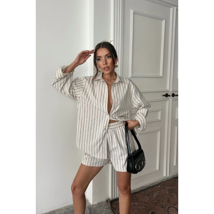 POPLİN ÇİZGİLİ GÖMLEK - ŞORT TAKIM - Bej