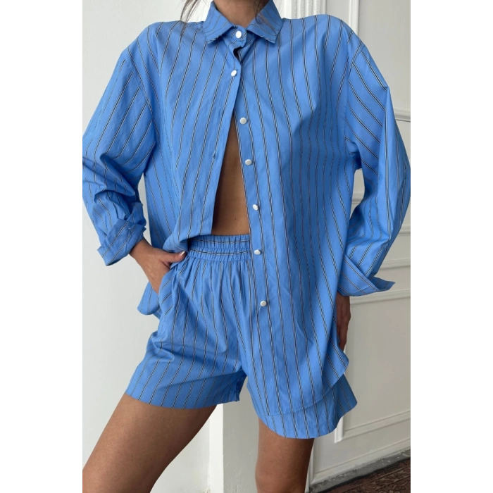 POPLİN ÇİZGİLİ GÖMLEK - ŞORT TAKIM - Mavi