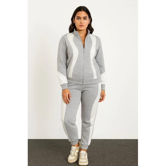 Premium Parçalı Eşofman Takım - Dik Yaka Fermuarlı Sweatshirt - Gri