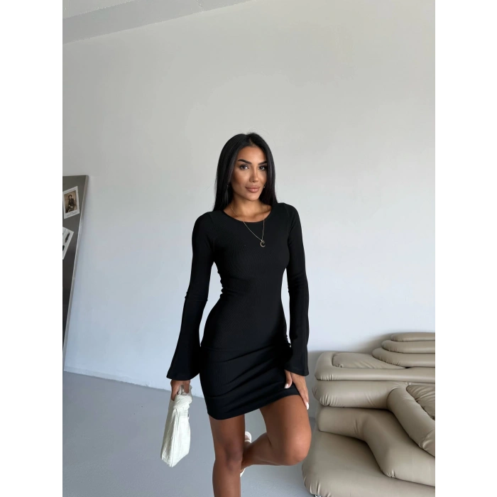 Prenses kol esnek kumaş elbise siyah f2334