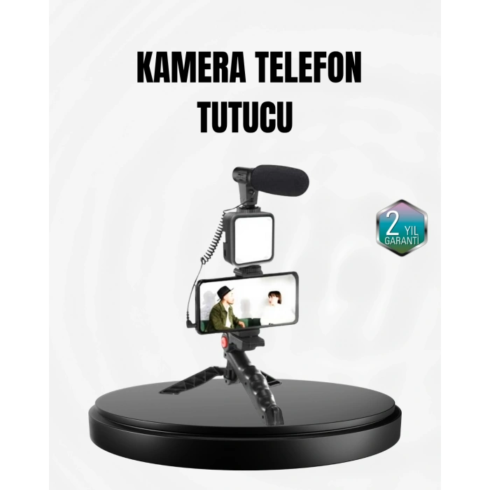 Profesyonel Vlog Çekim Kiti LED Işıklı Tripod Mikrofonlu Telefon Seti