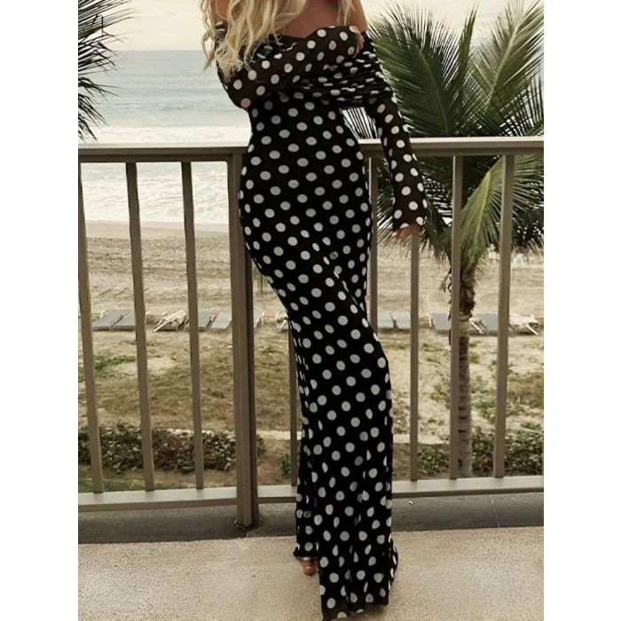 Puantiyeli Tül İçi Astarlı Madonna Yaka Maxi Boy Elbise