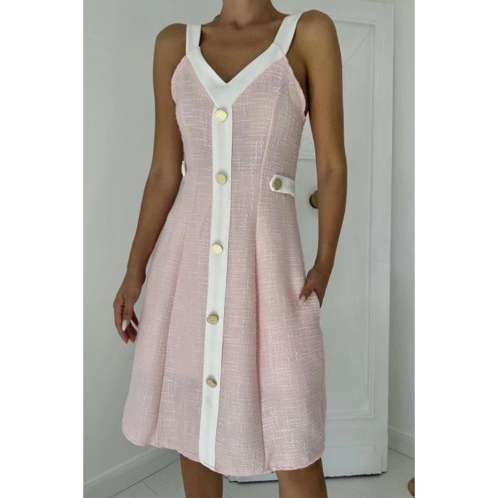 Pudra Ekru Süs Cepli Askılı Elbise