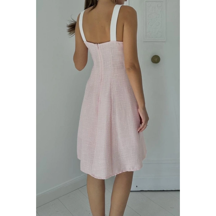 Pudra Ekru Süs Cepli Askılı Elbise