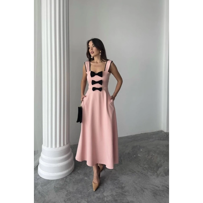 Pudra Fiyonk Garnili Dantelli Elbise