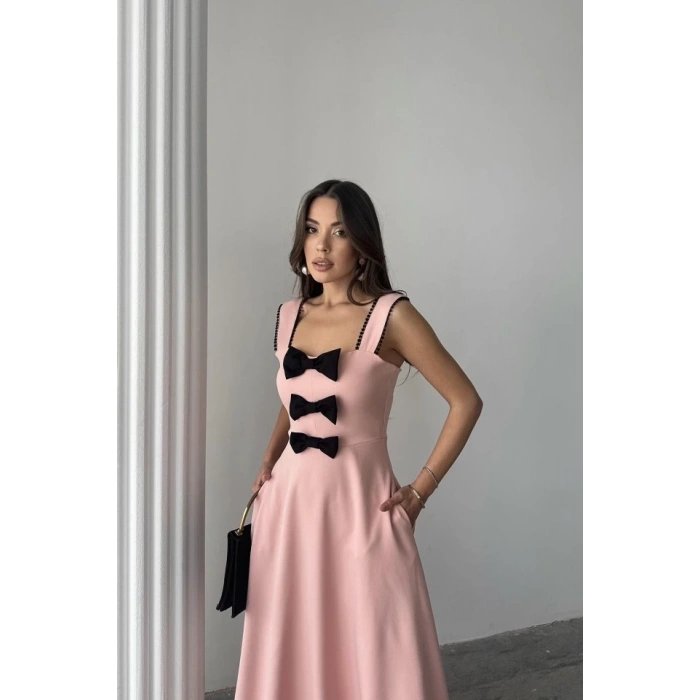 Pudra Fiyonk Garnili Dantelli Elbise