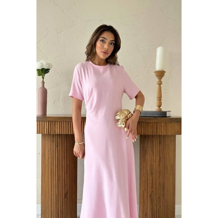 Pudra Pileli Bisiklet Yaka Elbise