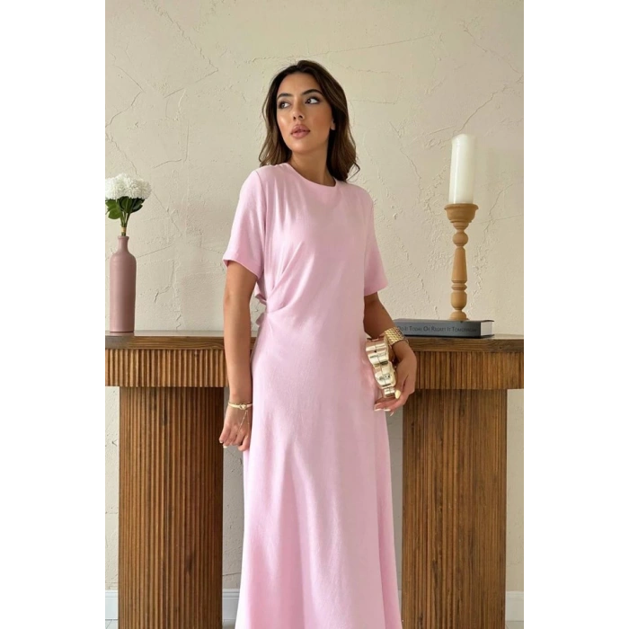 Pudra Pileli Bisiklet Yaka Elbise