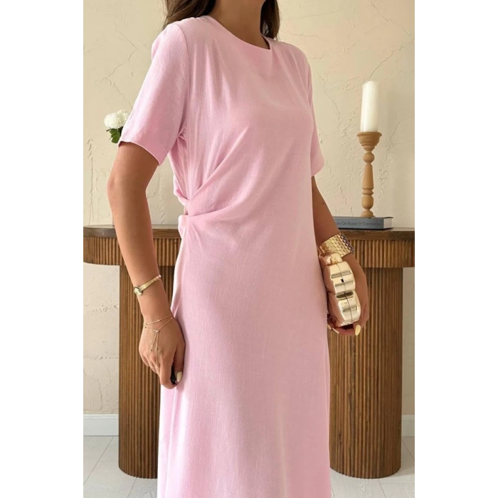 Pudra Pileli Bisiklet Yaka Elbise