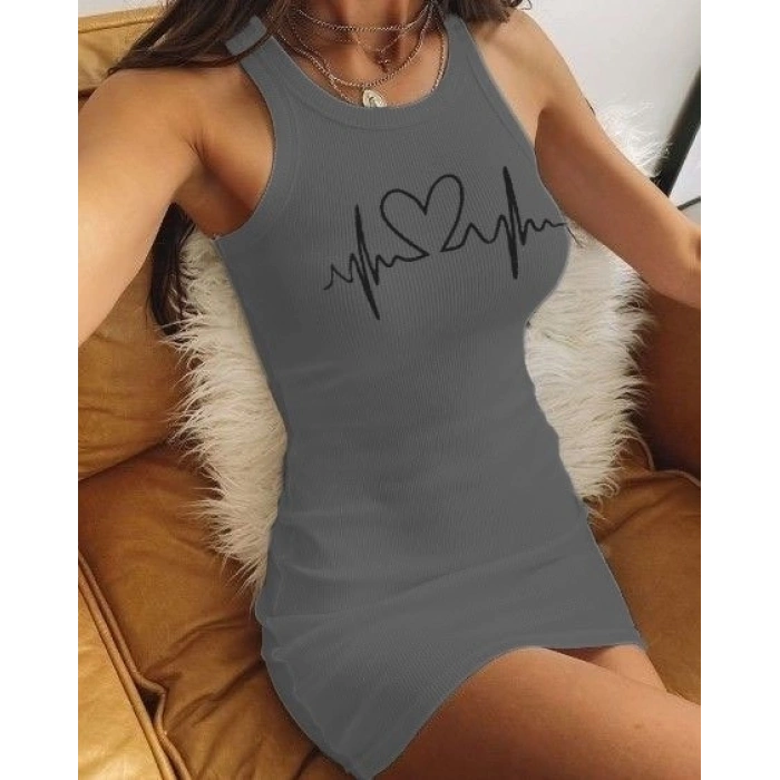 Ritim Kalp Baskılı Sıfır Kol Kaşkorse Elbise