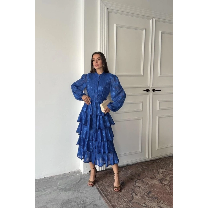 Saks Valonlu Şeritli Kat Kat Elbise