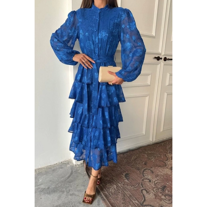 Saks Valonlu Şeritli Kat Kat Elbise