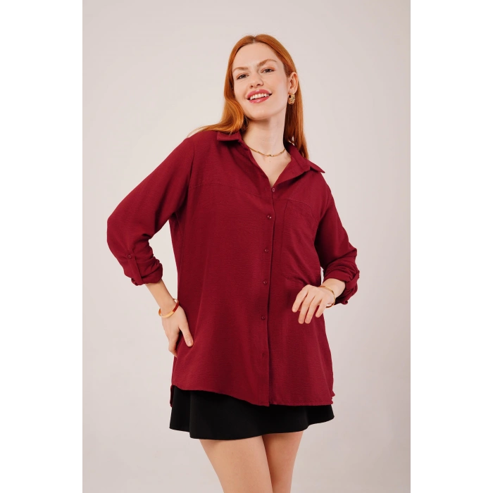 Salaş Kesim Cepli Bordo Gömlek
