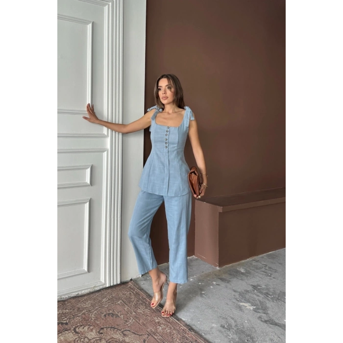 ŞANTUK KETEN YELEK GÖRÜNÜMLÜASKILI BLUZ - PANTOLON TK - Mavi