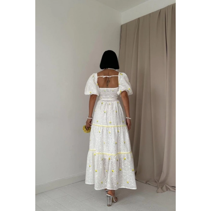 Sarı Dantel Detaylı Brode Elbise