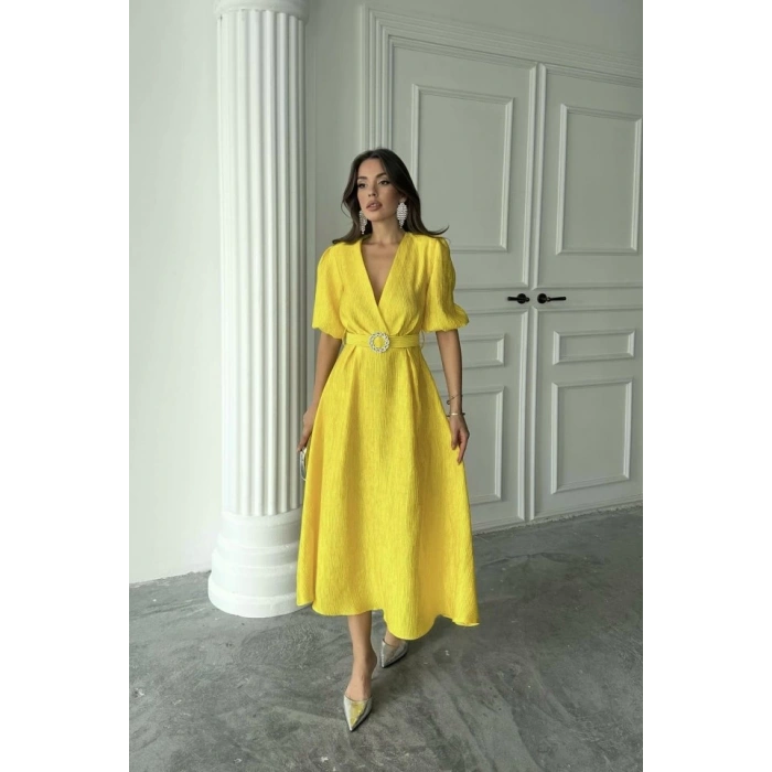 Sarı Işıltılı Kemerli Kruvaze Elbise