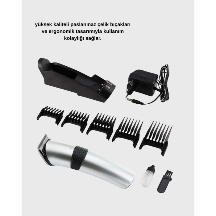 Şarjlı Saç ve Sakal Kesme Makinesi – Paslanmaz Çelik Bıçak, Ayarlanabilir Başlık
