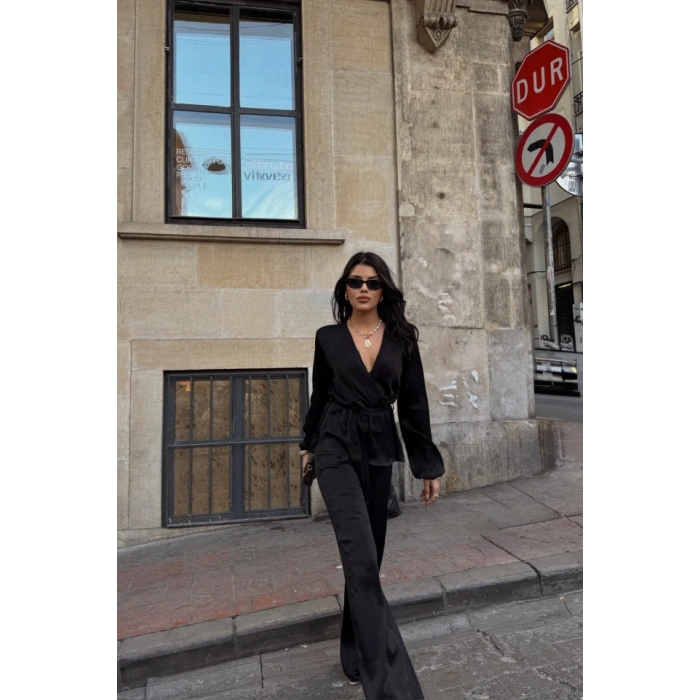 SATEN KRUVAZE BAĞLAMALI BLUZ- PANTOLON TAKIM - Siyah