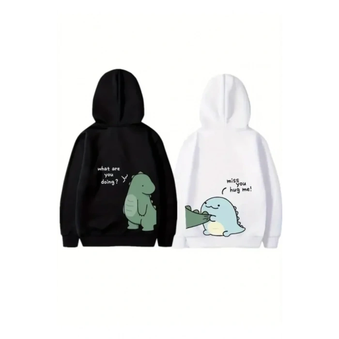 Sevgililer Günü Özel Unisex Kapüşonlu Baskılı Oversize Sweatshirt - Beyaz